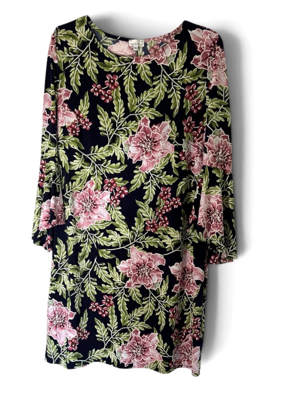 Olivia Matthews 1X Floral Shift Dress Black Pink Ruffle Sleeve Stretch Plus Size